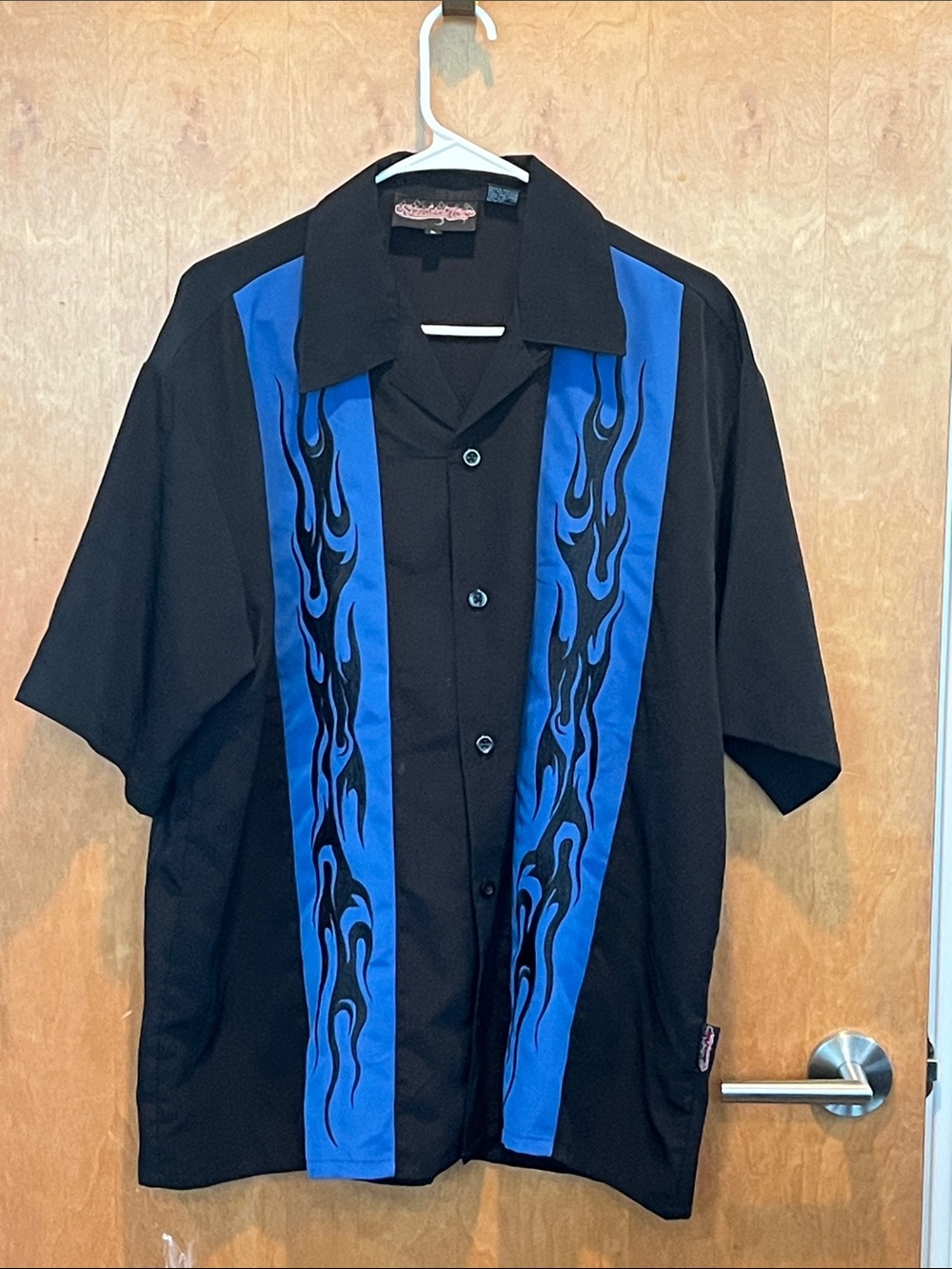 Black Short Sleeve Button-Up Shirt with Blue Flame Panels